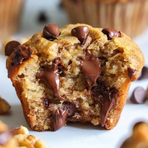 Ako volite slatki doručak, onda će vas oduševiti ovi muffini sa čokoladom od banane. Otopljena čokolada i hrskavi orasi u muffinu od banane.